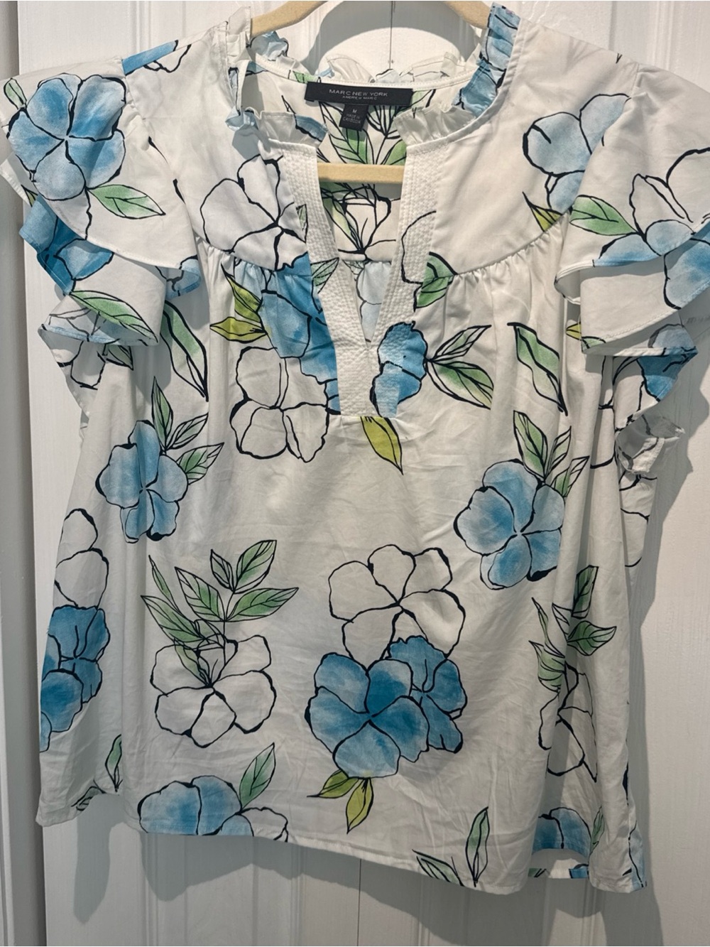 Marc New York White Blouse with Blue and Green Floral Print